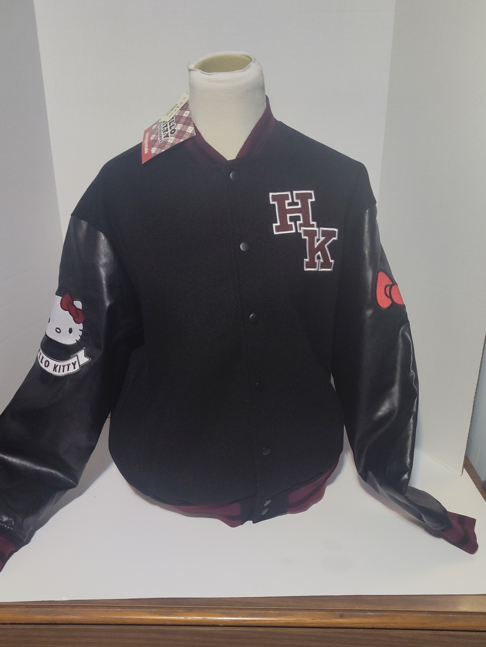 Aeropostale Hello Kitty Black Varsity Bomber Jacket with Maroon Trim Size Medium